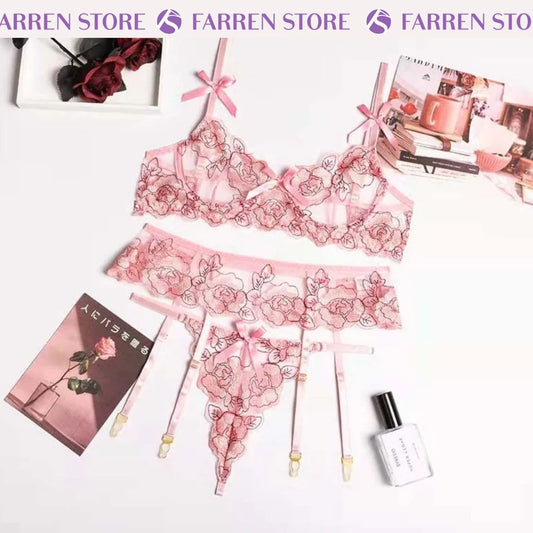 Conjunto Elena con Encaje Rosa, 3 Piezas