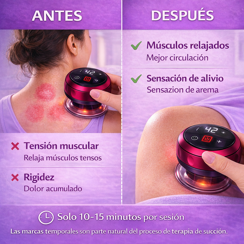 Comparación antes y después del uso de ventosas Farrexa para aliviar dolor muscular.