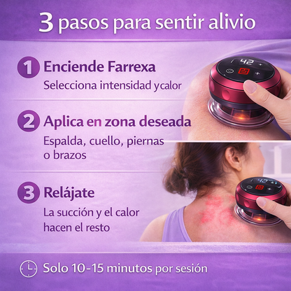 Uso de la ventosa Farrexa aplicando terapia de succión y calor en el cuerpo.