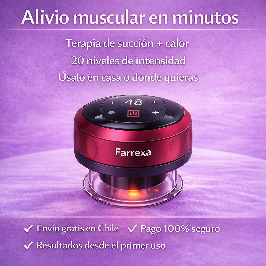 Dispositivo Farrexa de ventosas terapéuticas eléctricas para aliviar dolor muscular con calor y succión.