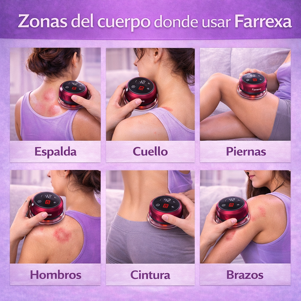 Aplicación de ventosas Farrexa en espalda, piernas, brazos y cuello.